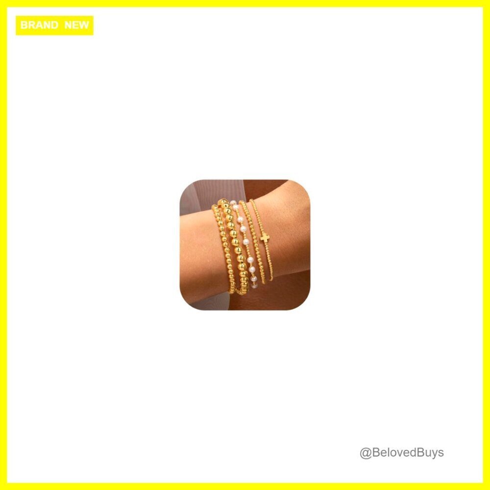 14K Gold Plated Dainty Beaded Pearl Cross Bracelet Stack Set